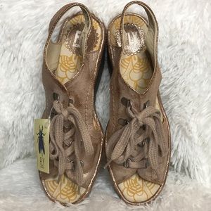 Fly London Ylfa Luna Metallic Leather Lace Up Slingback Wedge Rose Gold 38 7.5